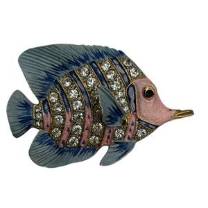 Vintage Blue and Pink Fish Brooch with Crystals
